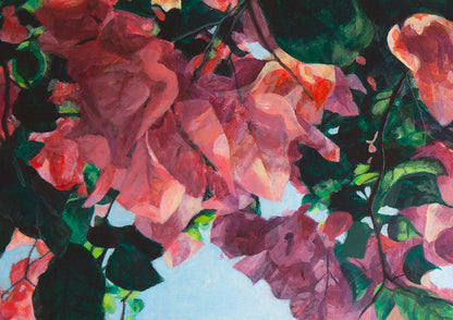 Detail of an original acrylic painting of Sunlight through Bougainvillea by a Japanese artist, Chiei Ishida, showcasing vibrant colours and intricate textures.