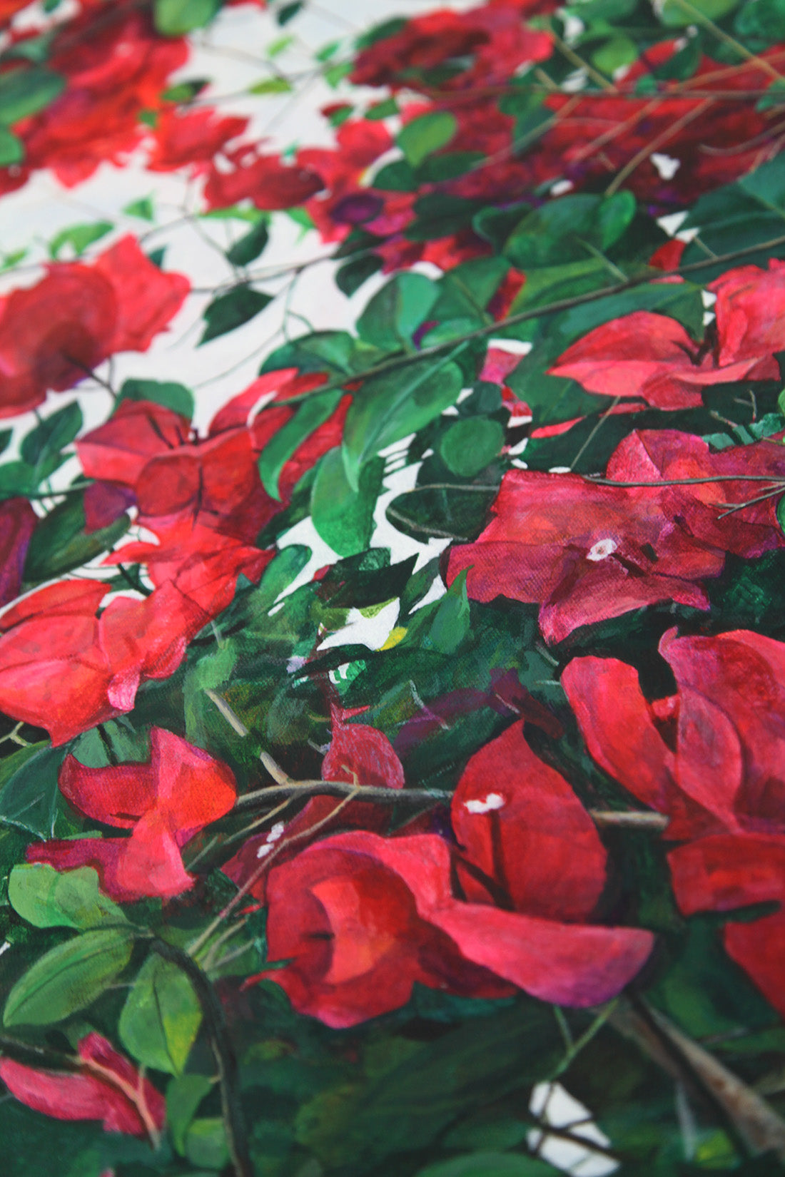 Detail of an original acrylic painting of Bright Pink Bougainvillea by a Japanese artist, Chiei Ishida, showcasing vibrant colours and intricate textures.