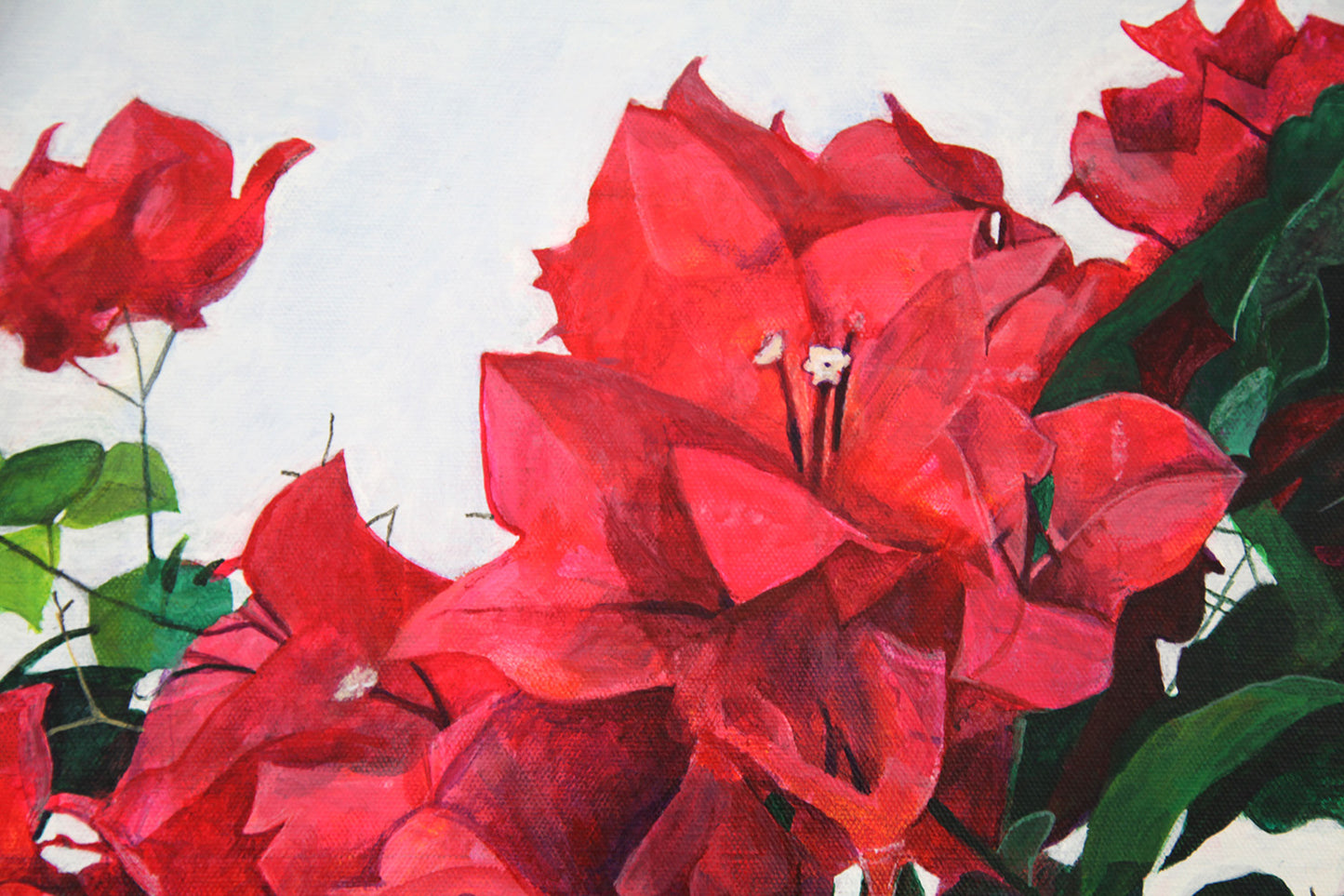 Detail of an original acrylic painting of Bright Pink Bougainvillea by a Japanese artist, Chiei Ishida, showcasing vibrant colours and intricate textures.